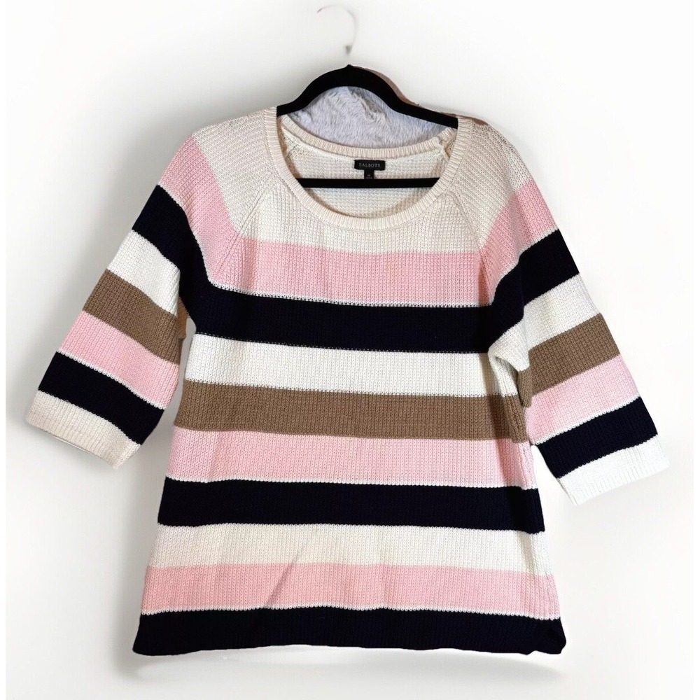 TALBOTS Sweater M Riviera Striped‎ Pima Cotton Chunky Boat Neck Pink Black Ivory